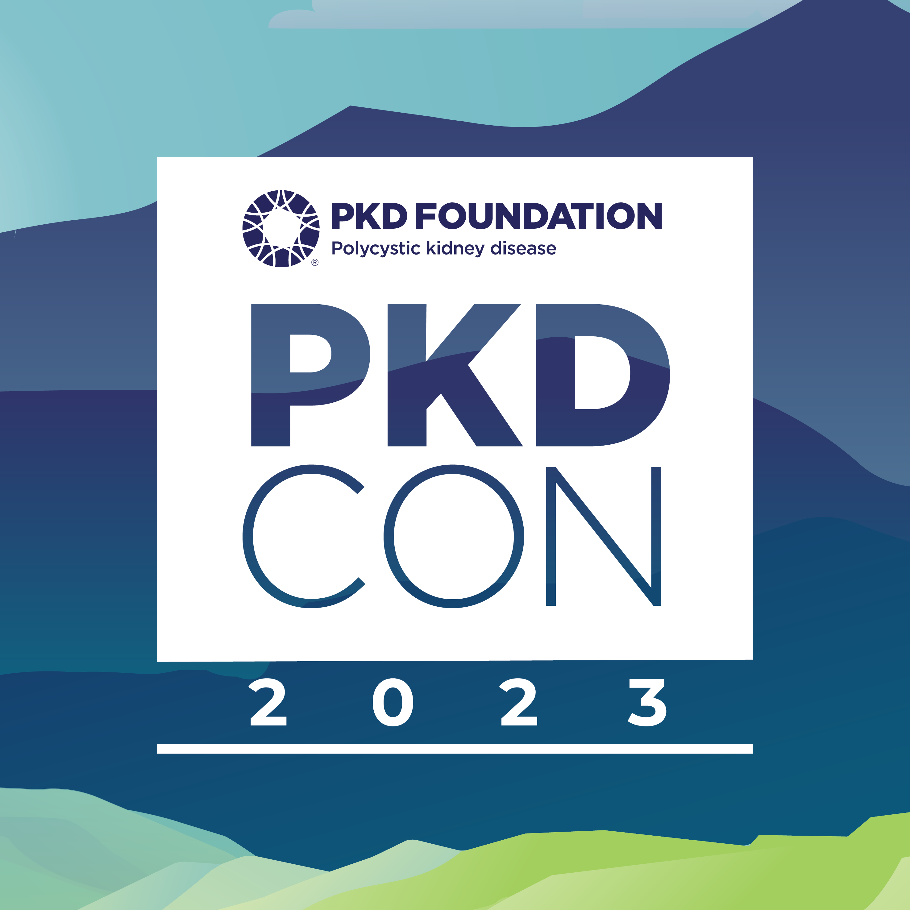 abbreviated lockup of PKD Connect Conference 2023 (PKDCON 2023) with PKD Foundation logo and illustration of Denver Colorado mountains